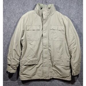 GAP Utility Jacket Parka Men's L Khaki Hooded Zip Snap Pockets Drawstring Waist‎